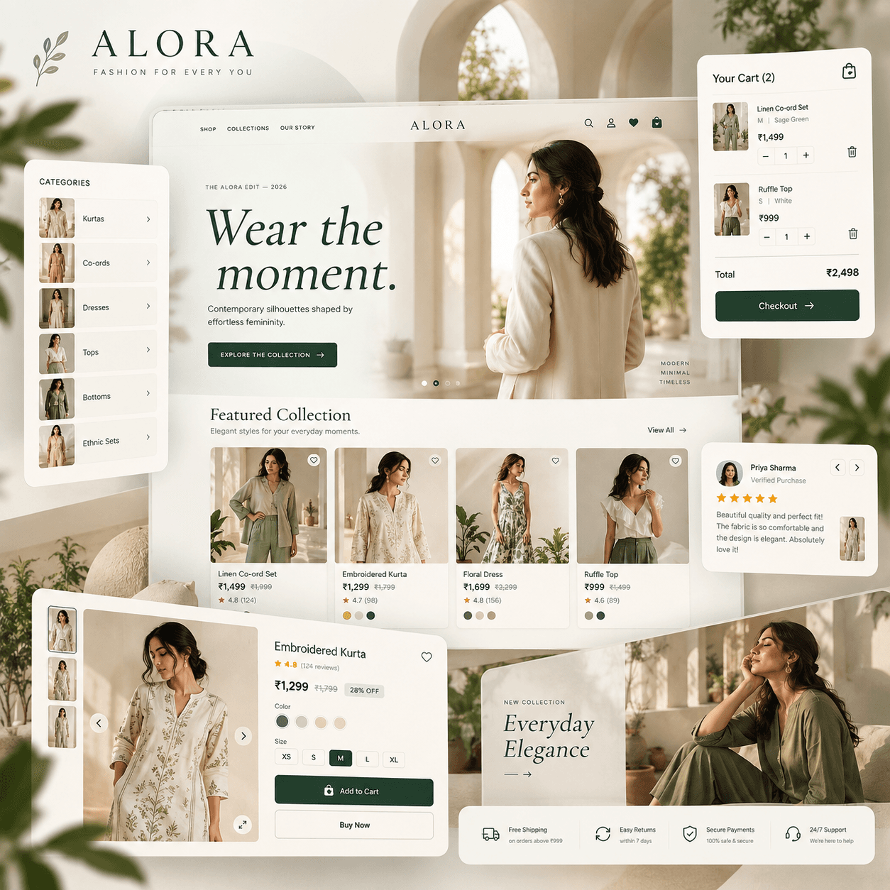 ALORA Fashion e-commerce interface showing a modern fashion shopping experience.